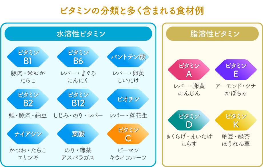 ビタミンの分類と多く含まれる食材例