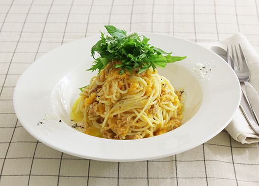 ツナと水菜の冷製にんじんパスタ